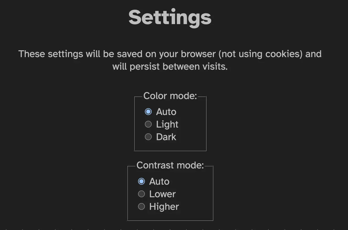 A screenshot of my settings page, with the Color mode picker as described above, and also another box labeled 'Contrast mode', which lets you choose between Auto, Lower, and Higher.