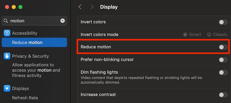 A screenshot of my MacOS Display settings, where a toggle button for Reduce Motion is highlighted