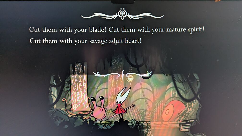 A screenshot from Silksong where one character is talking to the protagonist, saying 'Cut them with your blade! Cut them with your mature spirit! Cut them with your savage adult heart!' click for full resolution.
