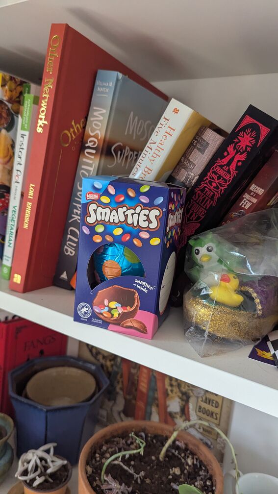 A bookshelf with a giant Smarties easter egg prominently displayed. click for full resolution.