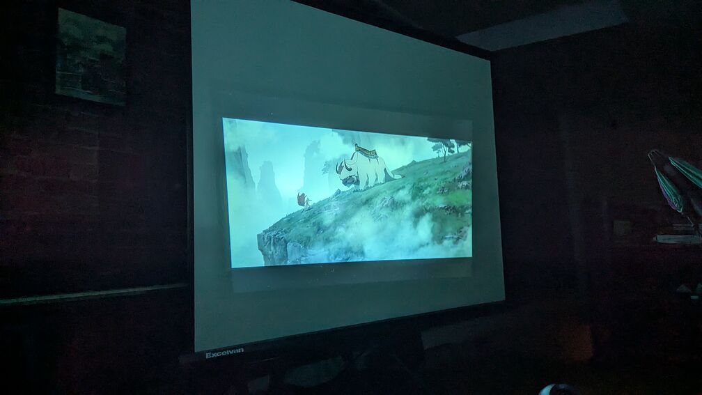 A photo of my projector screen playing the new Avatar The Last Airbender movie. We see Appa and Aang looking at each other on a cliffy mountainside. click for full resolution.
