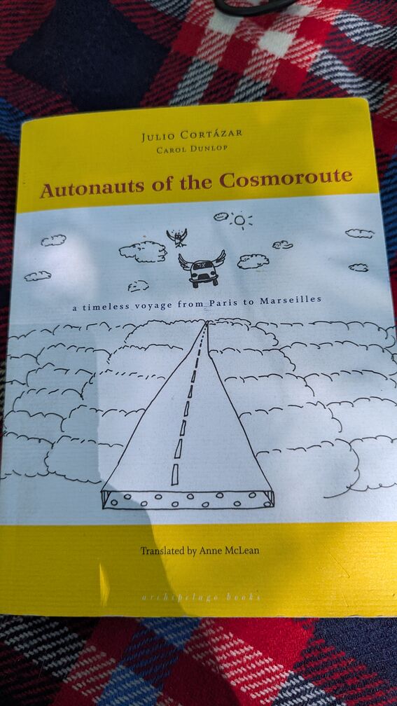 The book Autonauts of the Cosmoroute by Julio Cortázar and Carol Dunlop laid against my picnic blanket. click for full resolution.