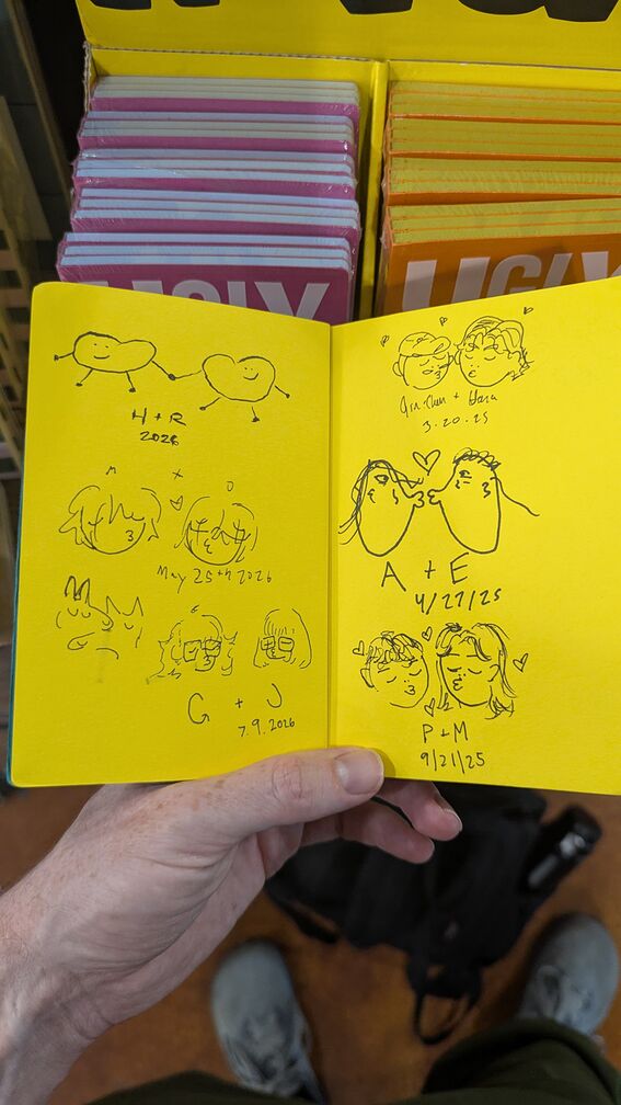 A demo sketch book that I found in an art store. Over the course of several months, different people drew pictures of faces kissing. Collaborative art! click for full resolution.