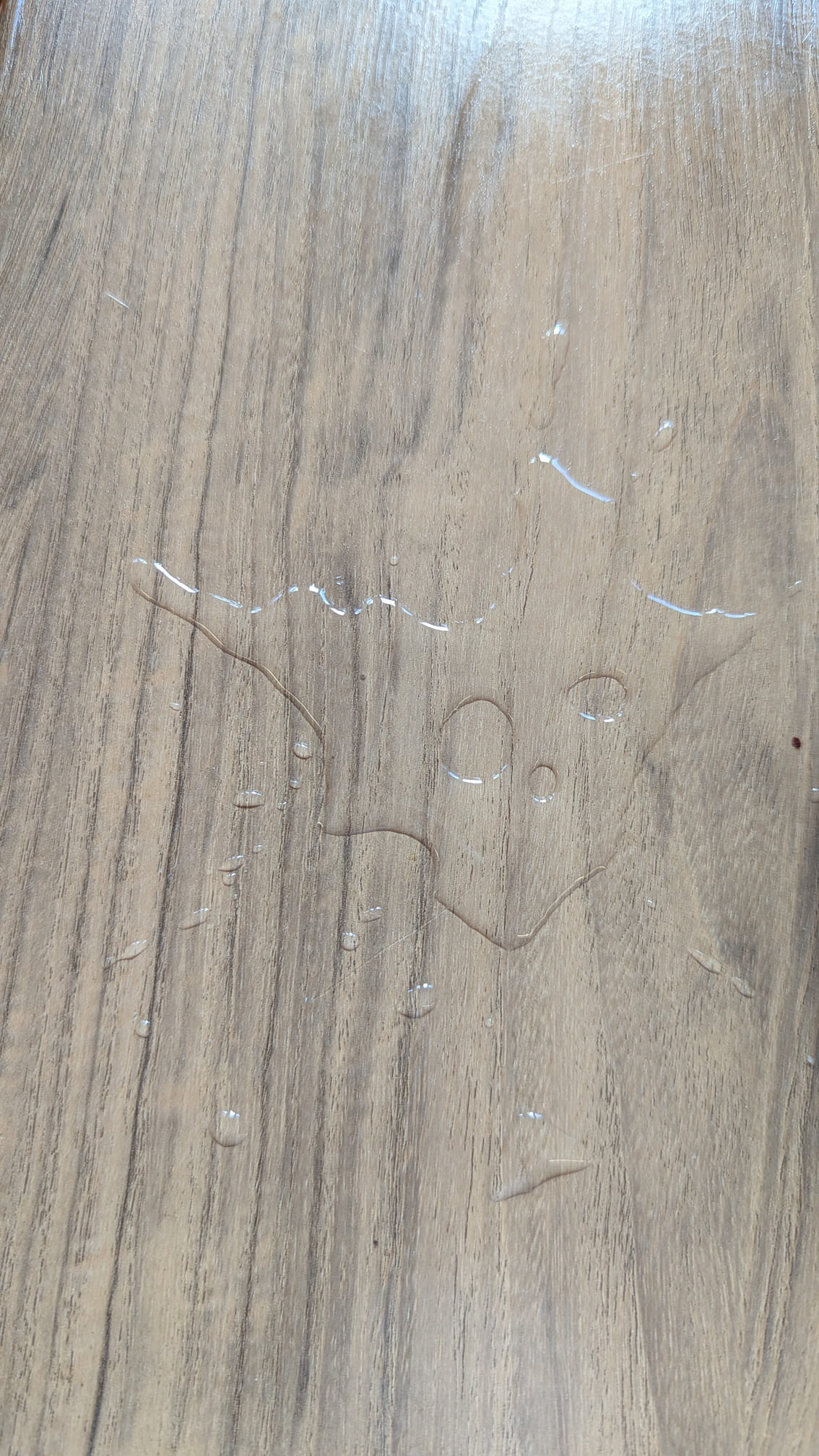 Water spilled on a table that makes a shape resembling a horned face, with big open circles for eyes and a nose.