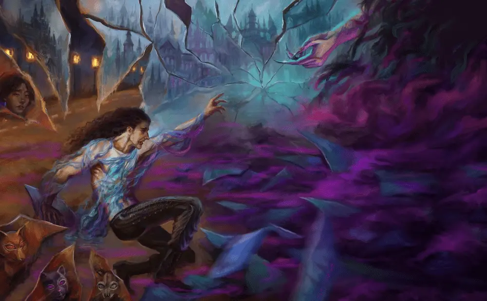 A dark haired twink in a white shirt, surrounded by tendrils of purple mist, reaching out towards a hand of purple mist. Is a reference to The Creation of Adam. Art by /u/TisTheGreatNoodle.