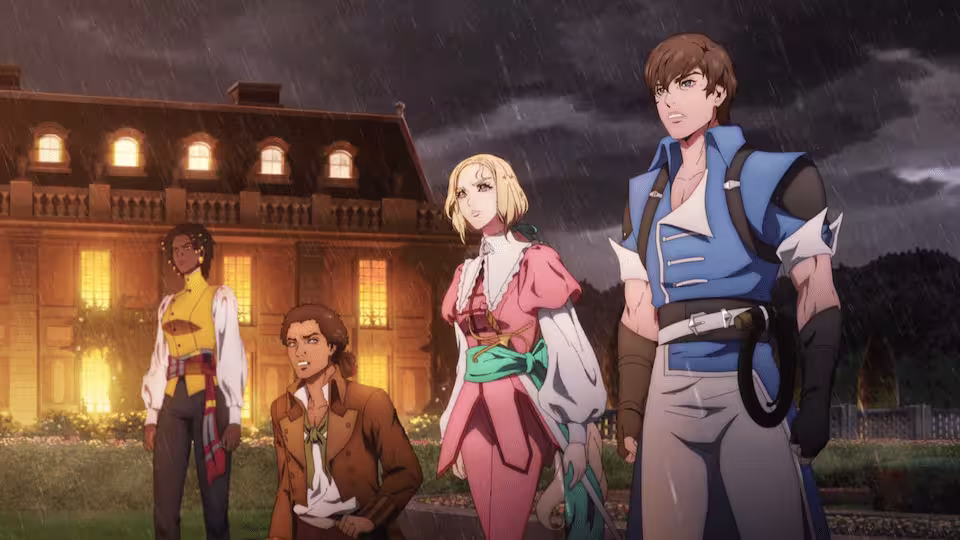 The four protagonists of Castlevania Nocturne, standing in the rain, having just been spotted by a bunch of vampires.