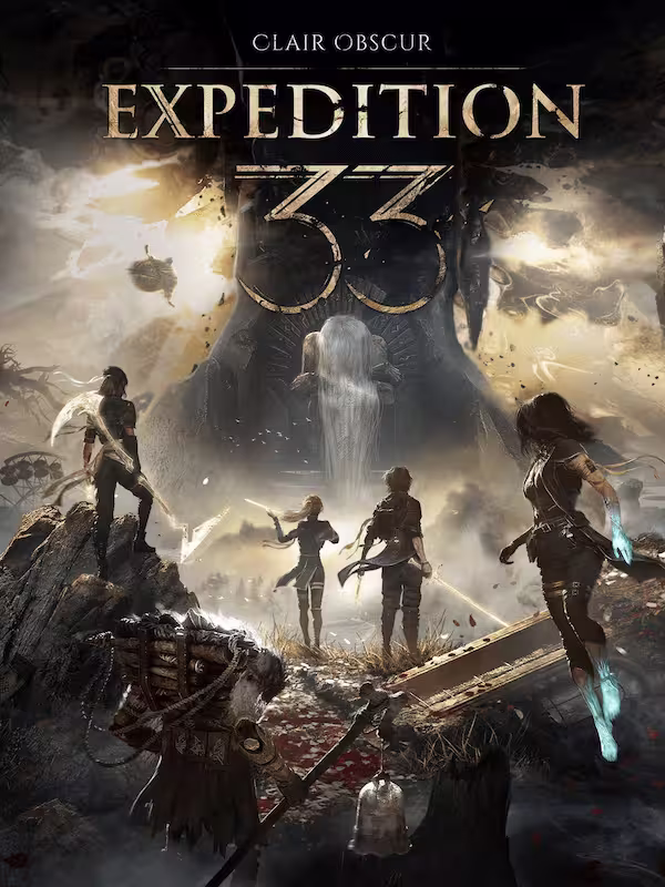 The protagonists of the game, facing a giant monolith with the number '33' painted on it. The title of the game is printed above the monolith.