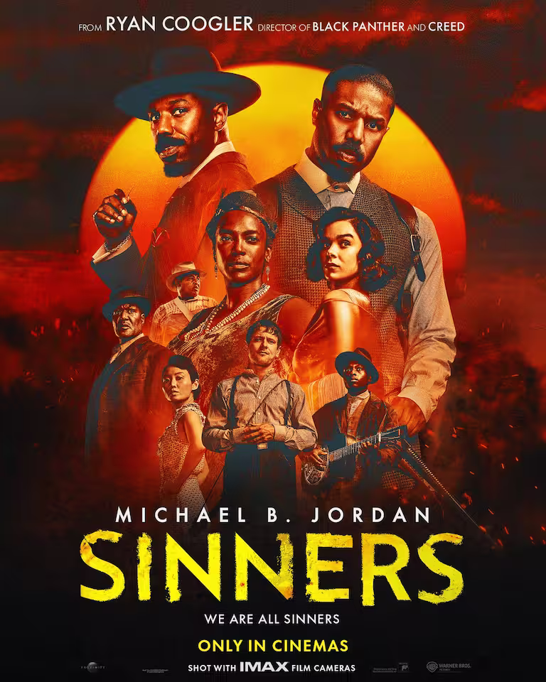 The Sinners movie poster, with all the main characters looking towards the camera. Michael B. Jordan's two characters feature prominently at the top of the poster.