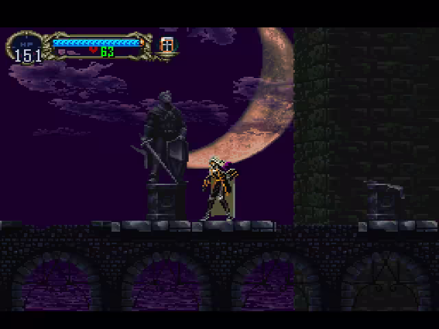 Alucard standing on top of the castle walls at night, with a large crescent moon lighting up the scene.