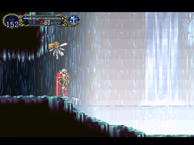 Alucard standing in front of a waterfall, with a faerie floating above him.
