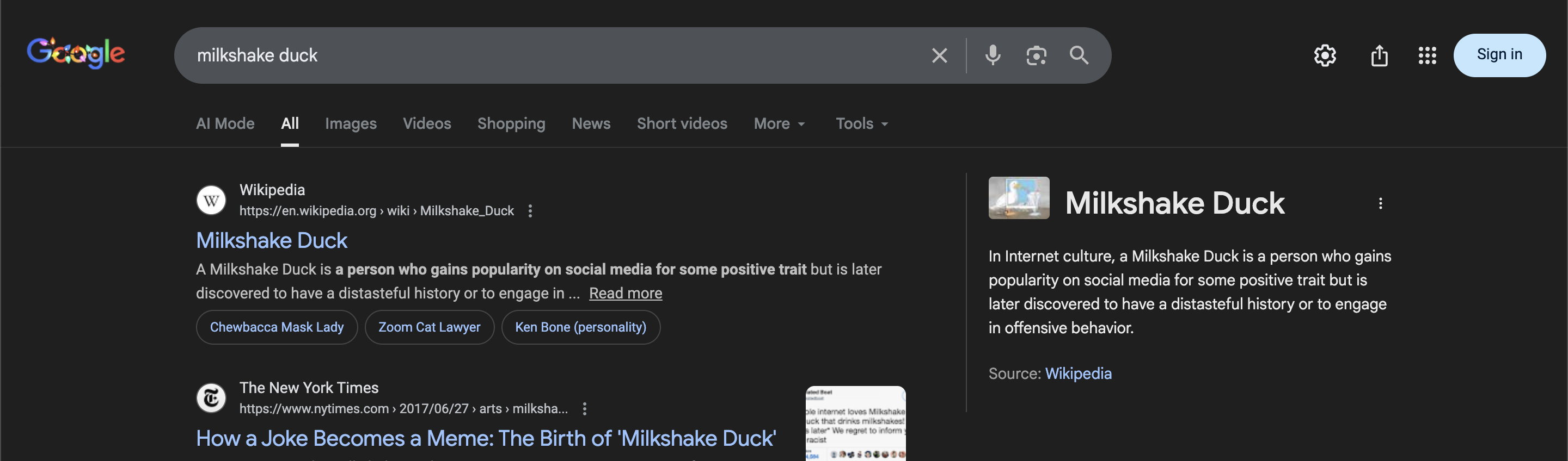 Google search results for milkshake duck, showing a Wikipedia page for milkshake duck as the first result, followed by a New York Times article.
