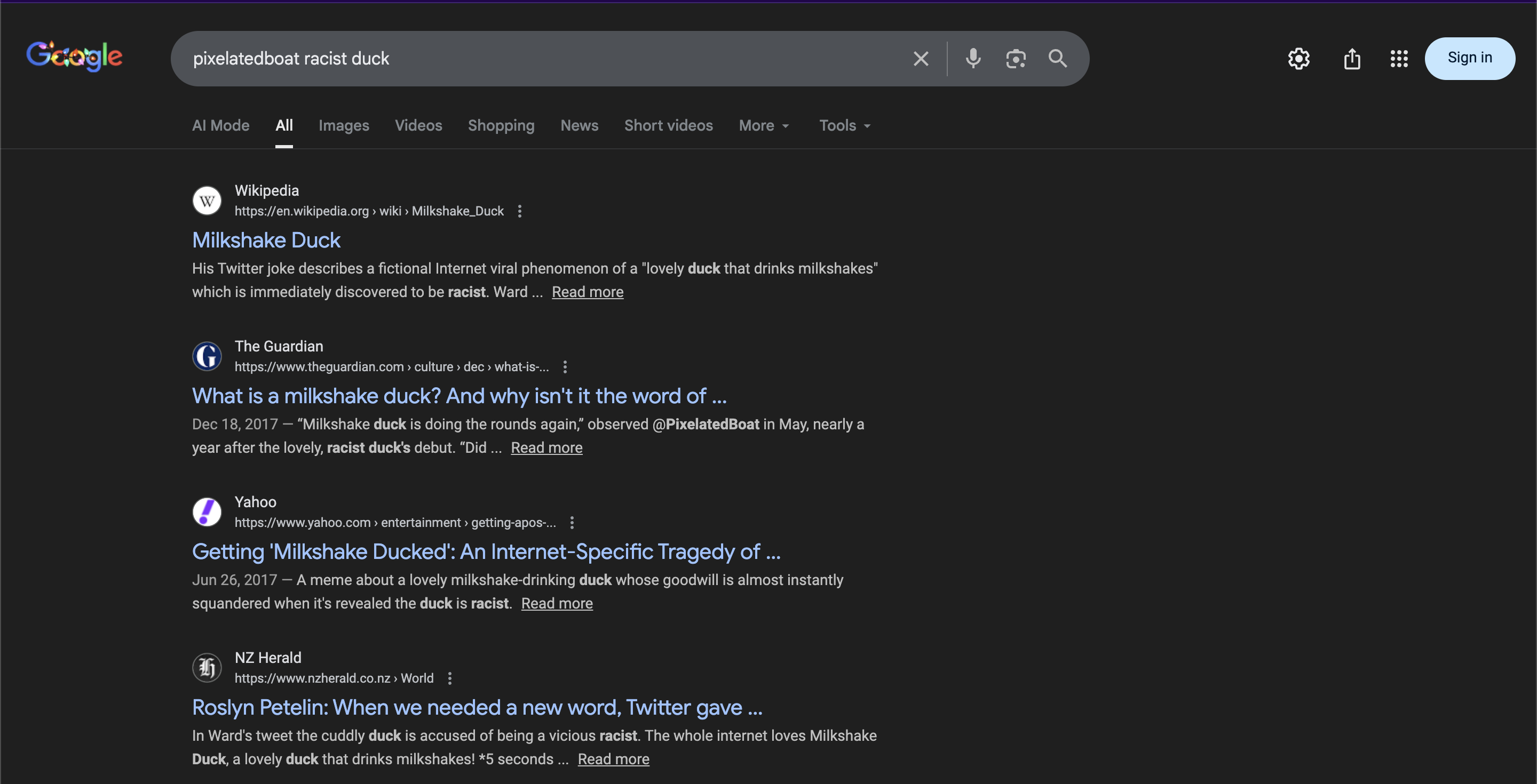 a google search for pixelatedboat racist duck. top results are the wikipedia page, and then three news articles, one from the Guardian, one from Yahoo, and one from the New Zealand Herald.