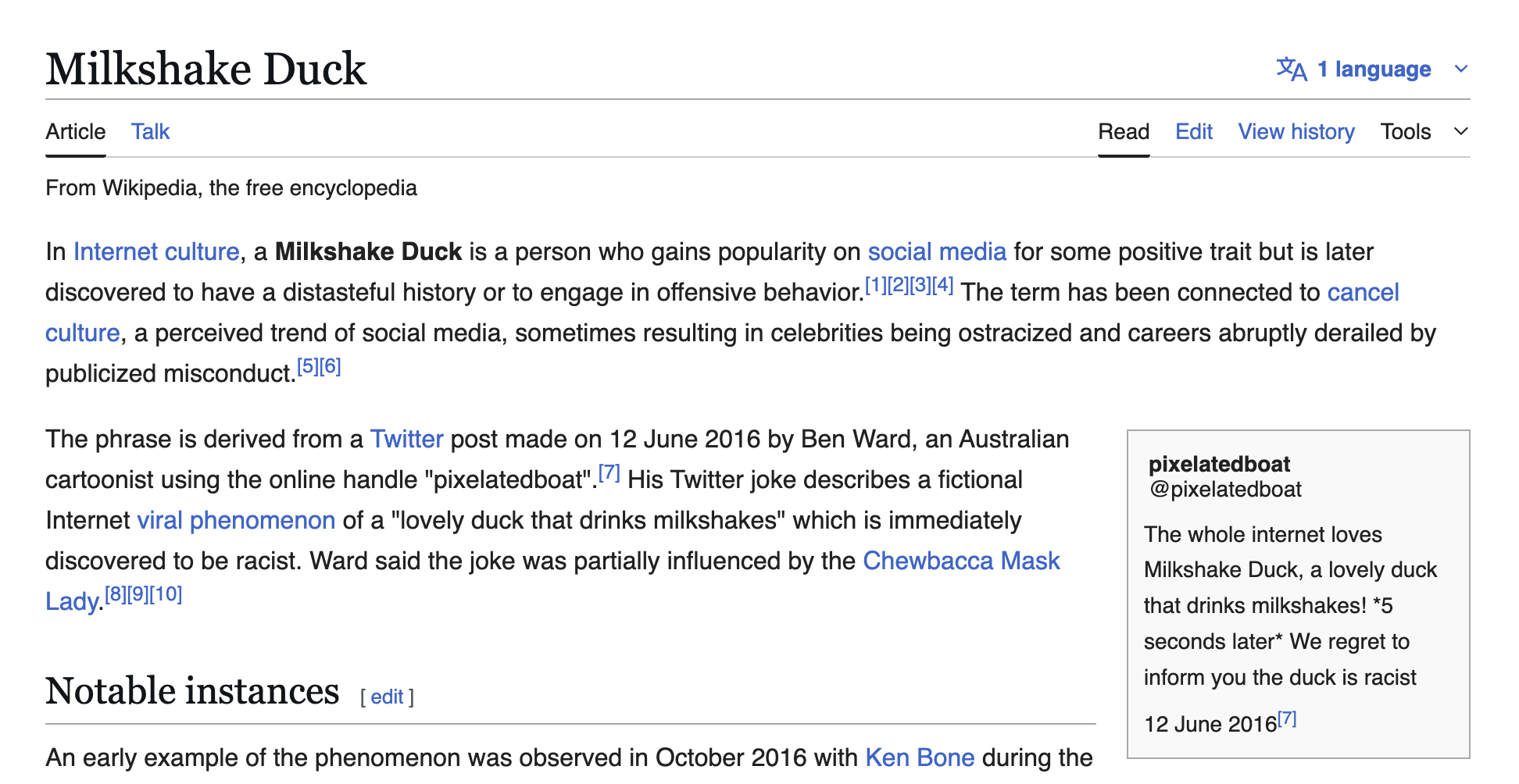 Wikipedia page explaining what a milkshake duck is (I paraphrase below) and how it was coined in a tweet. Also has a grey box to the side that contains the text of the tweet.