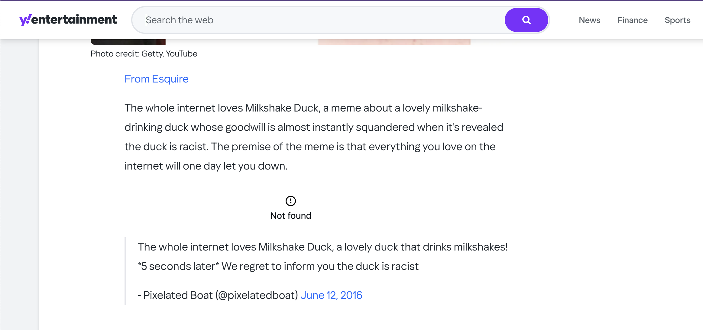 the yahoo article, with some fluff talking about the meme, and then an embeded version of the the tweet which has the text, date, and author of the tweet. There's also a big 'Not found' message directly the embed.