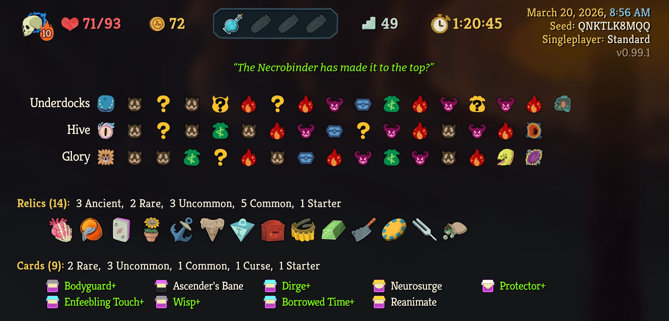 The win screen for my Ascension 10 Slay the Spire 2 run, using the Necrobinder character. Of particular note is that the deck was only 9 cards big!