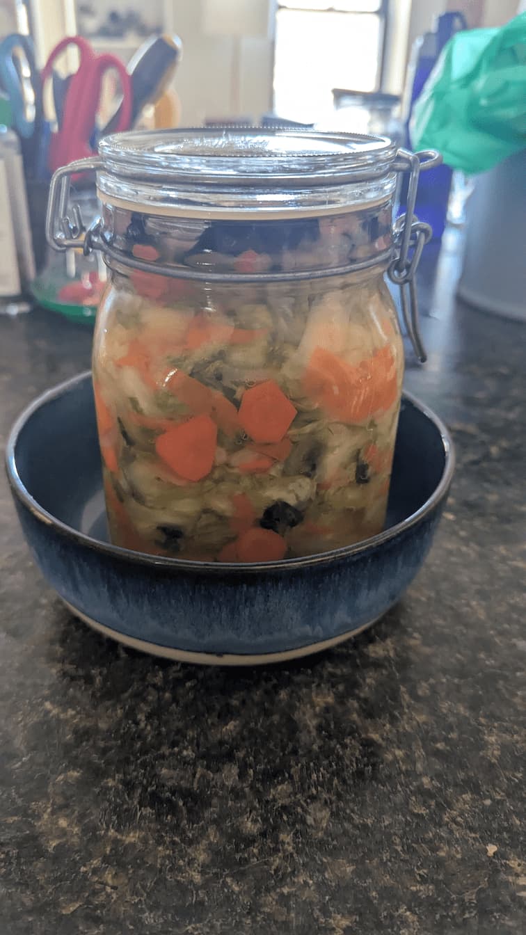 A jar full of cabbage, onions, and carrots beginning its fermentation journey!