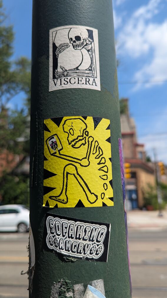 Three stickers on a light pole. The first features a skeleton hugging a fleshy ass, with the word 'Viscera' printed below it. The second has a skeleton holding a rectangle (a phone?) with another, angrier, skeleton's head in it. The third prints the words 'SO FACKING ANGRY'. click for full resolution.