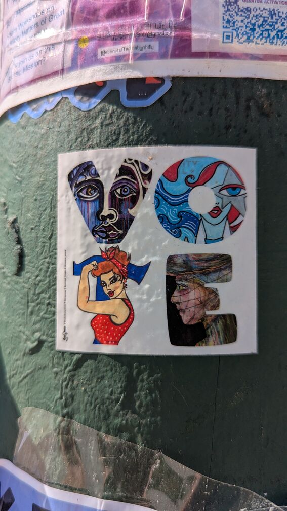 a stylized rendition of vote, with each letter being a remix of another piece of art. The bottom two (for T and E) are Rosie the Rivetter and the Girl with the Pearl Earring respectively. click for full resolution.