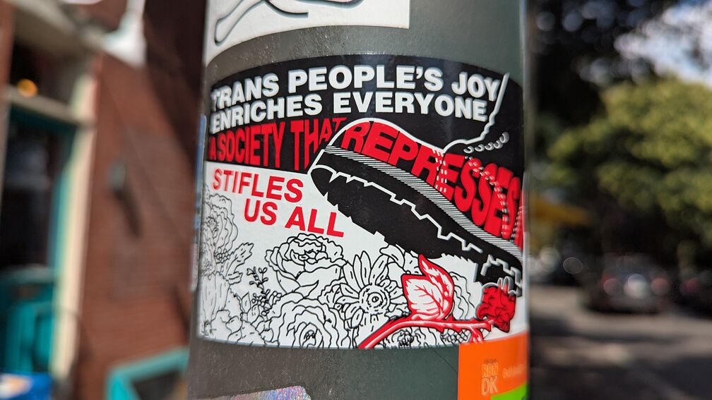 a sticker showing rose with thorns stabbing back at the boot trying to stomp on it. Text reads: 'Trans People's Joy enriches everyone. a society that represses us all stifles us all click for full resolution.