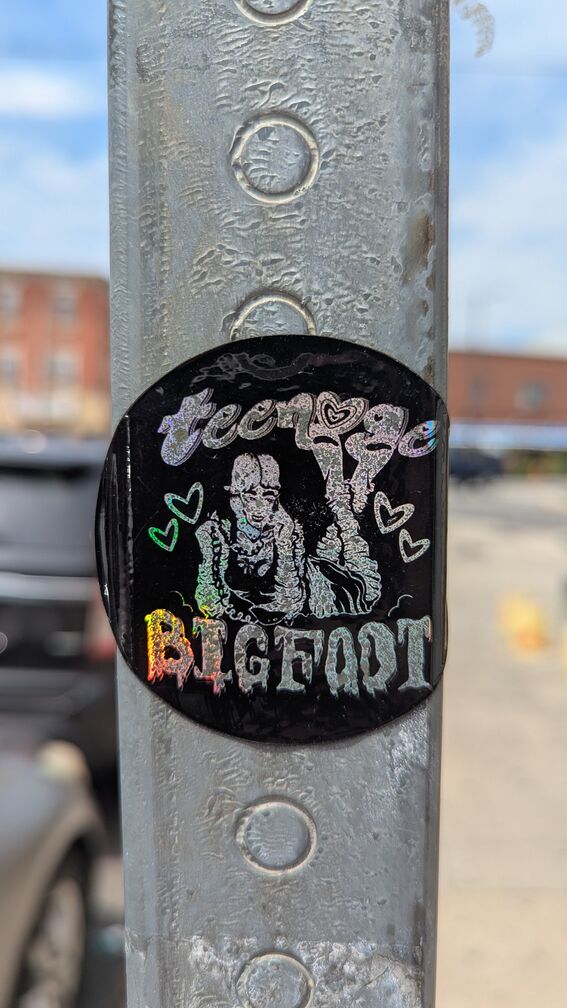 A sticker that reads Teenage Bigfoot. It has a kinda blurry illustration of, presumably, a teenage bigfoot. click for full resolution.