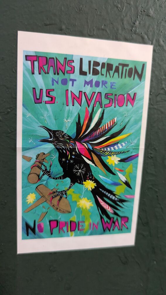 An illustration of a crow with colorful wings ripping apart war drones. It reads: Trans liberation nor more US Invasion. No pride in war. click for full resolution.