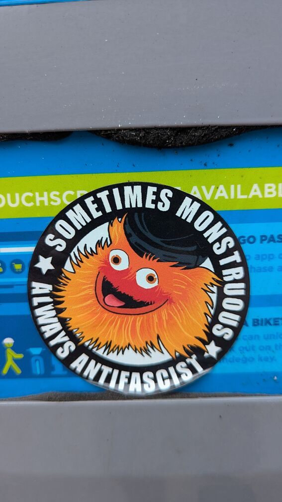 a sticker with the face of Gritty, reading sometimes monstrous always antifacsist click for full resolution.