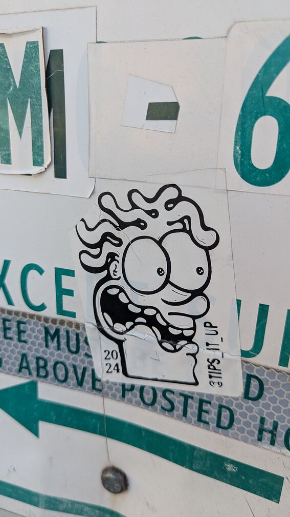 A curly haired caricature with his hair blowing in the wind, his mouth open in a scream. The year 2024 is printed on it, along with the artist's instagram handle. click for full resolution.